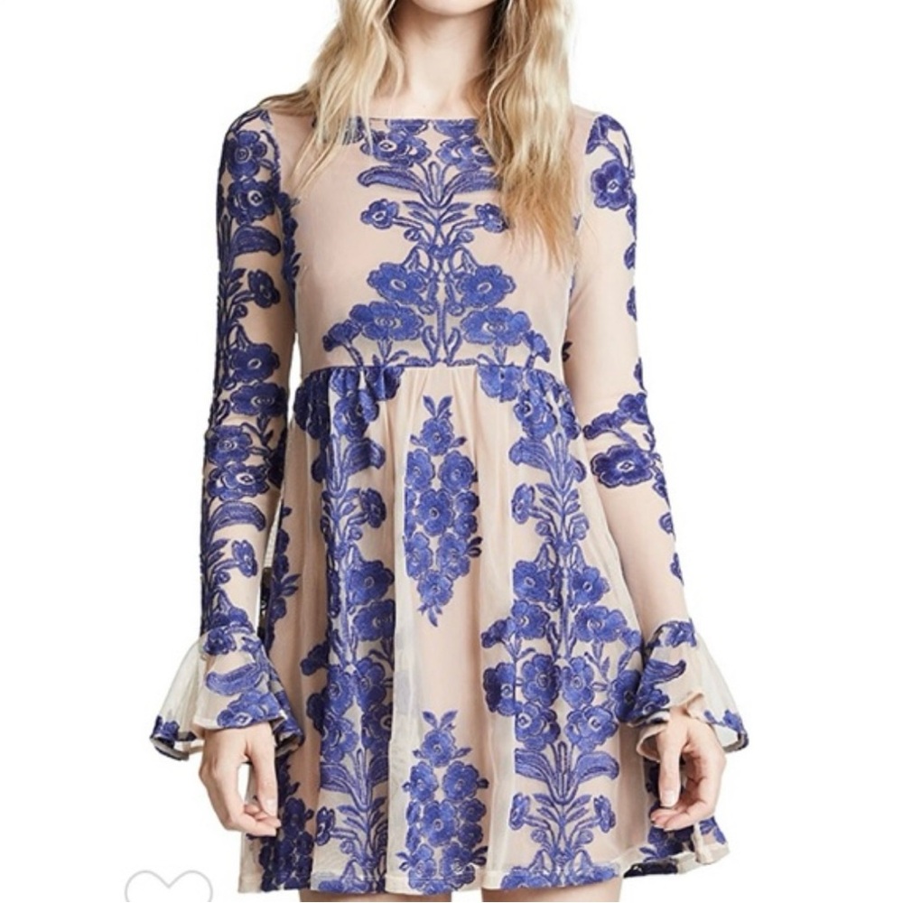 For Love & Lemons Blue Lace Mini Dress Sheer Floral Long Sleeve XS NWT